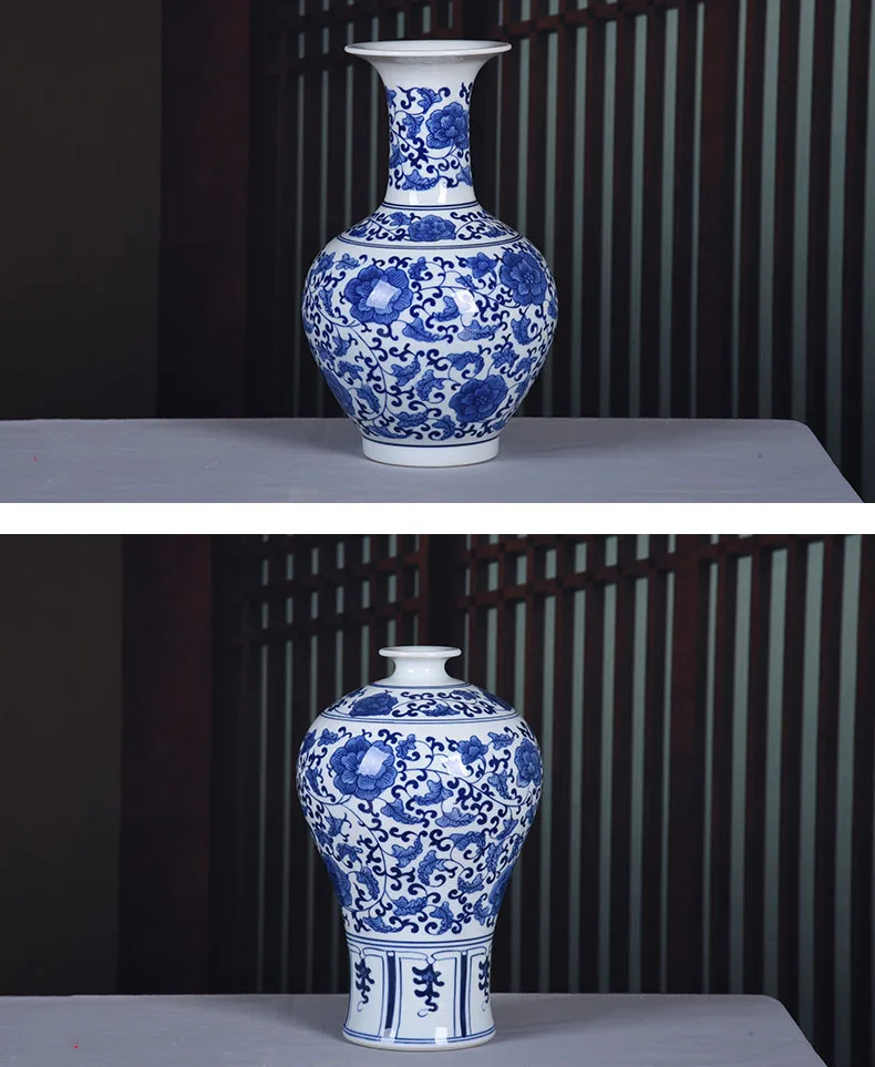 景徳鎮陶磁器卓上花瓶 手描き青白伝統模様 ホームデコレーション