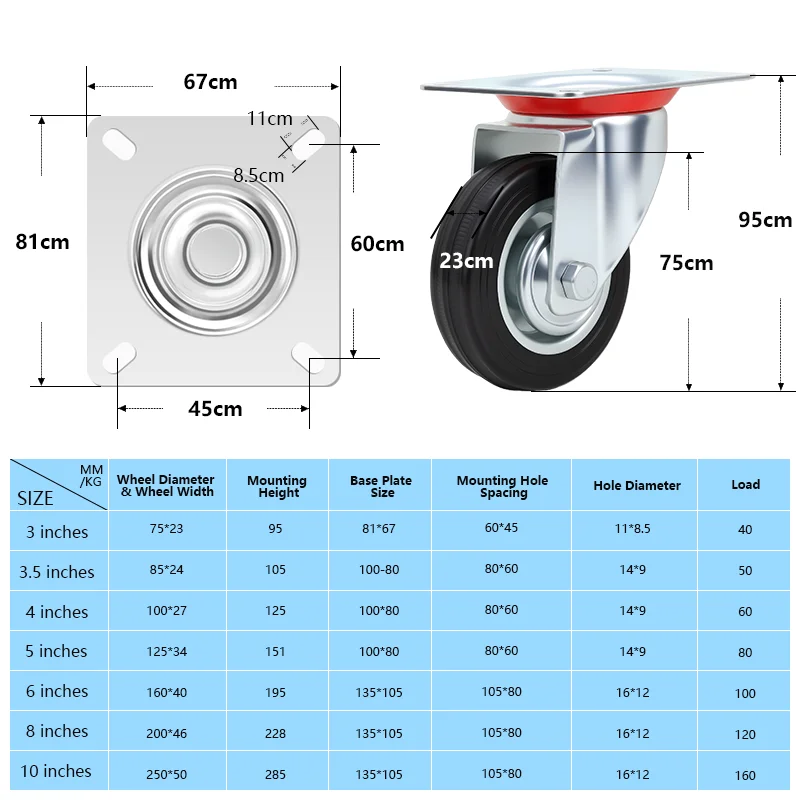 Wholesale Zinc Plated Black Solid Rubber Tire Silent Swivel Locking Brake 3 Inch Rubber Wheel Casters for Industry Application