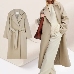 Elegant Stylish Beige Women's Double-Breasted Cashmere Coat Water Ripple Wool Nonwoven Weaving Long Winter Clothing Coat