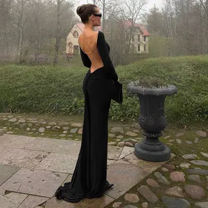 Sexy Backless Bodycon Maxi Dress New Autumn Slim Women's Clothing Elegant Gown Pleated Club Party Long Dresses