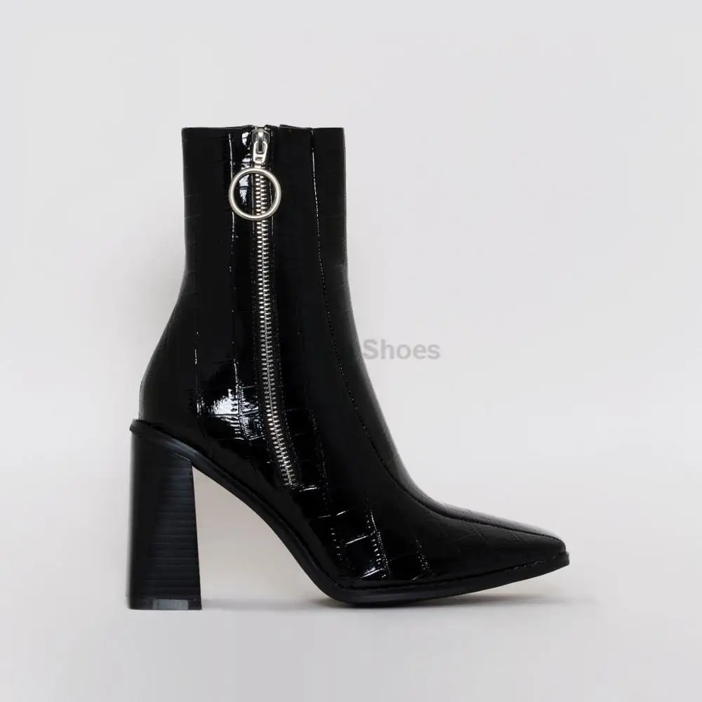 black ring pull zip front patent ankle boot