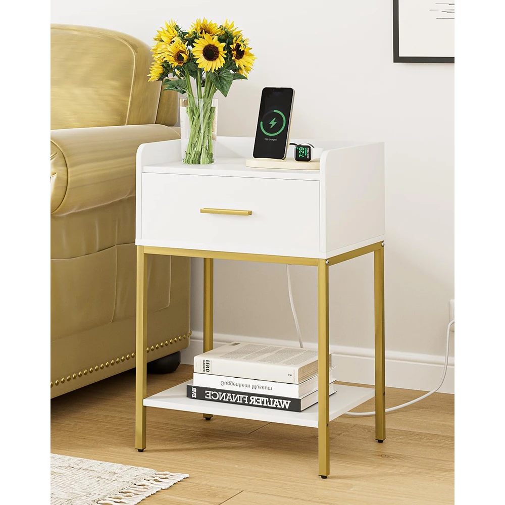 product nightstand charging station 3 tier modern wooden  metal bedside storage drawer shelf small end side table for apartment bedroom-4