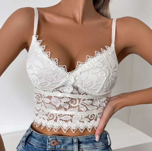 Y07071 white lace halter top front view