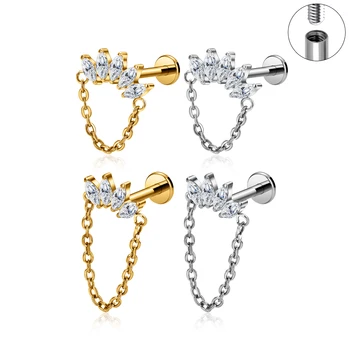 ASTM F136 Titanium  Ear Cartilage Earrings Piercing Chain Labret Studs Body Piercing Jewelry titanium labret with gem wholesale