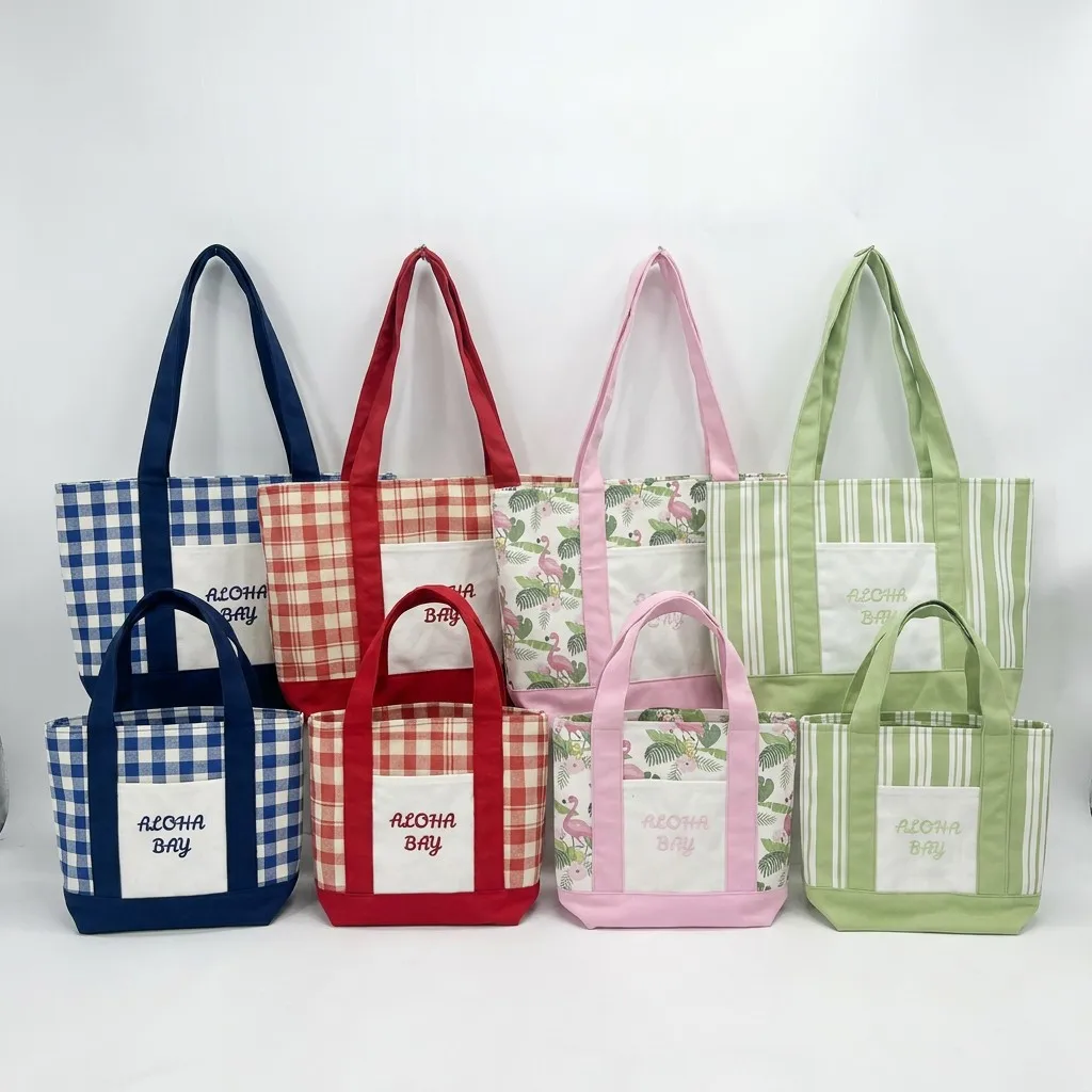 Custom Embroidery Small Handbag Portable Reusable Shopping Bag Pastel Striped Beach Mini Stripe Canvas Tote Bag for Women