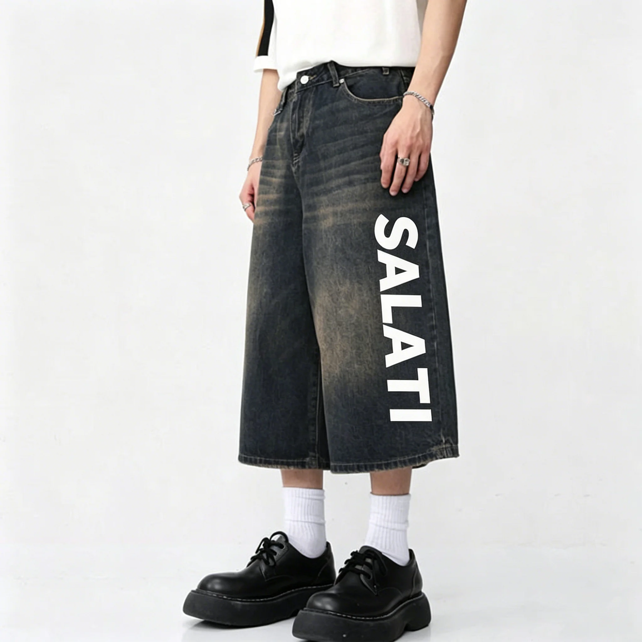 Wholesale Custom Vintage Rusty Washed Wide Leg Denim Men High Waist Loose Cotton Shorts Vertical Casual Jeans gallery 3