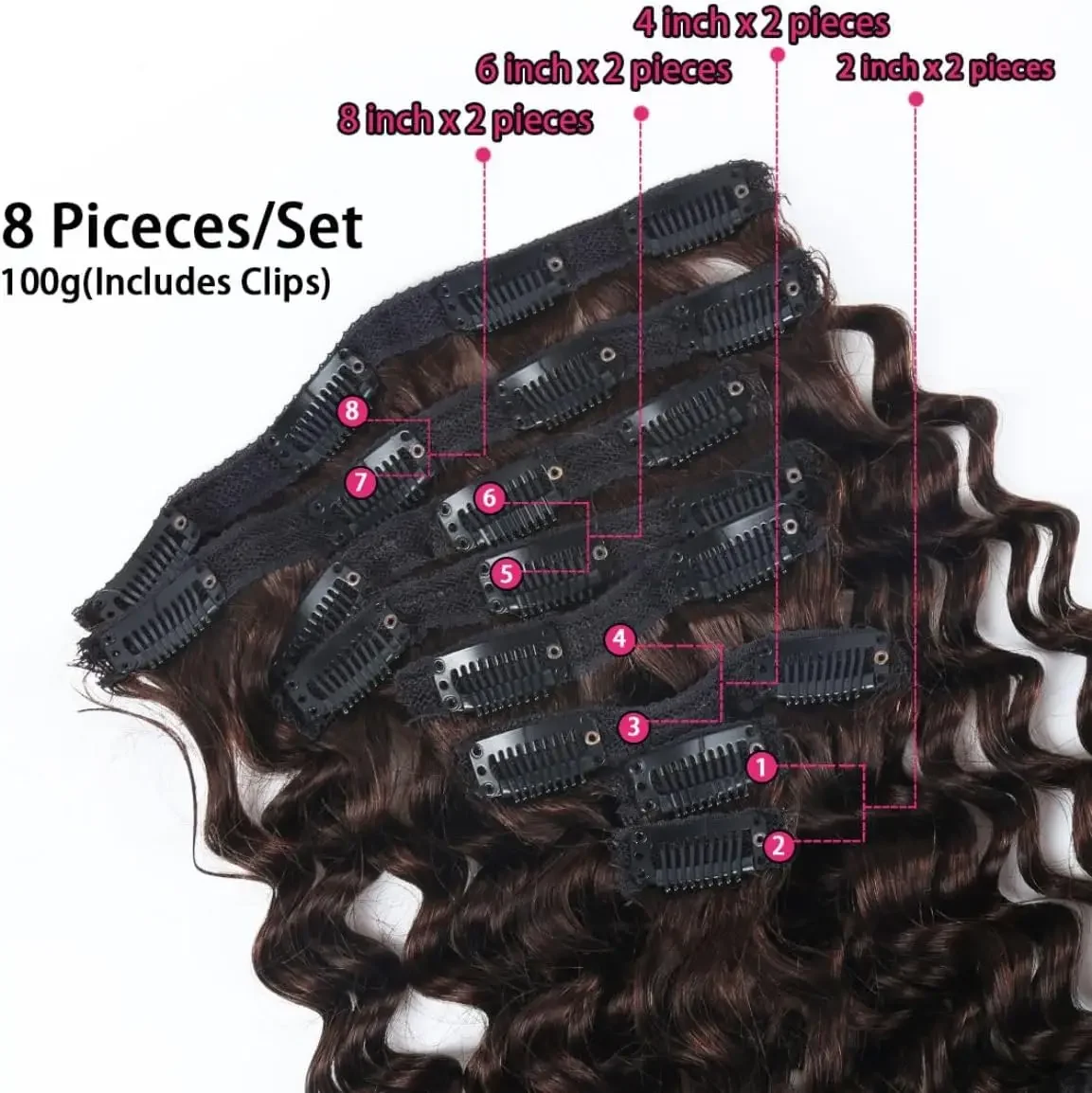 Deep Curly Wave Hair Extensions Clip in-8Pcs 100g Human Hair Water Wave Clip on Hairpieces_voghion.com