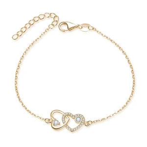 Elegant 18K Gold Plated Double Heart Link Bracelets for Women Forever Love Sterling Silver Bangles with Zircon Main Stone