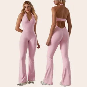 Hot Sales Women Skin-friendly Comfortable Yoga Bodysuits Lace Collar and Deep-V Neck Backless Breathable Jumpsuit for Gym