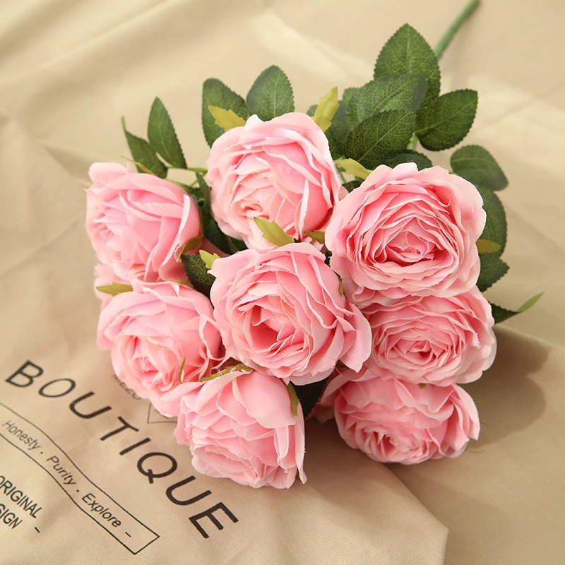 High Quality Wedding Silk Rose Bouquet Artificial 10 Heads Rose Flower