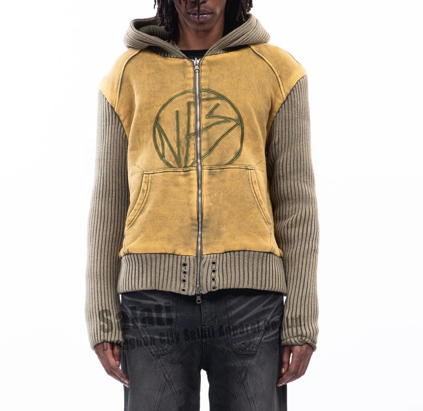 Custom Heavy Cotton Vintage Embroidery Logo Oversized Double Layer Patchwork Zip up Sun Faded Washed Distressed Hoodies for Men gallery 3