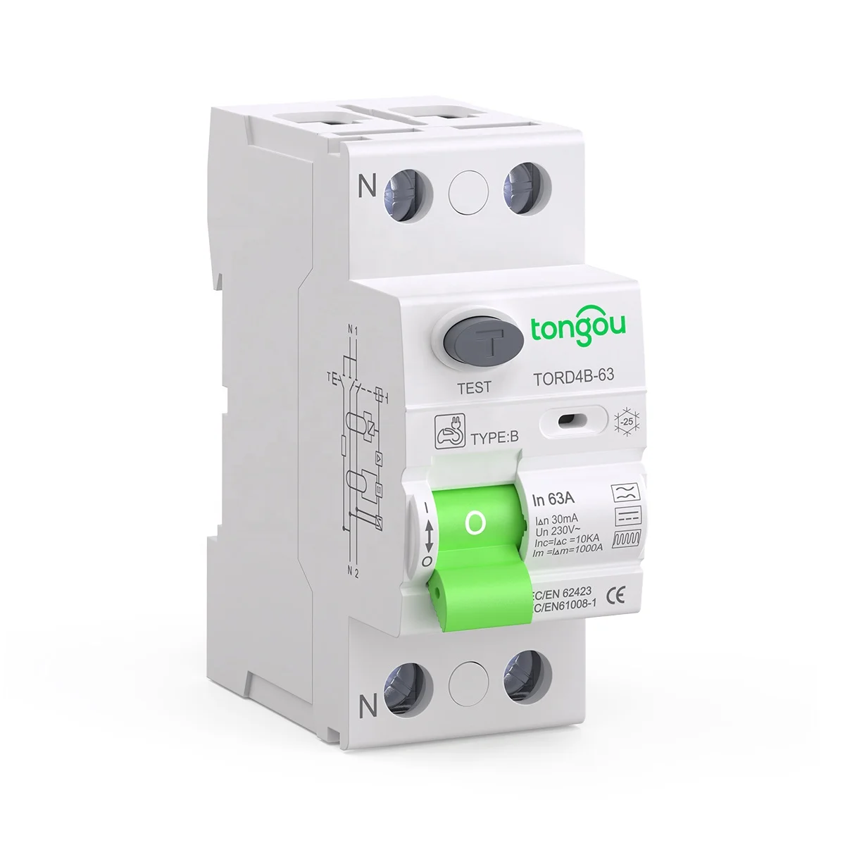RCCB RCD DC Electric Vehicle EV Charging Pile Residual Current Breaker 2P 63A 30mA Type B 10KA Din Rail Earth Leakage TONGOU