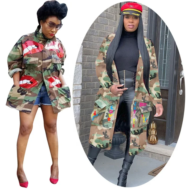 Womens Cool Jackets Sequin Red Lips Camo Blazer Camouflage Coat Oversized  Green Button up Cardigan Long Jacket