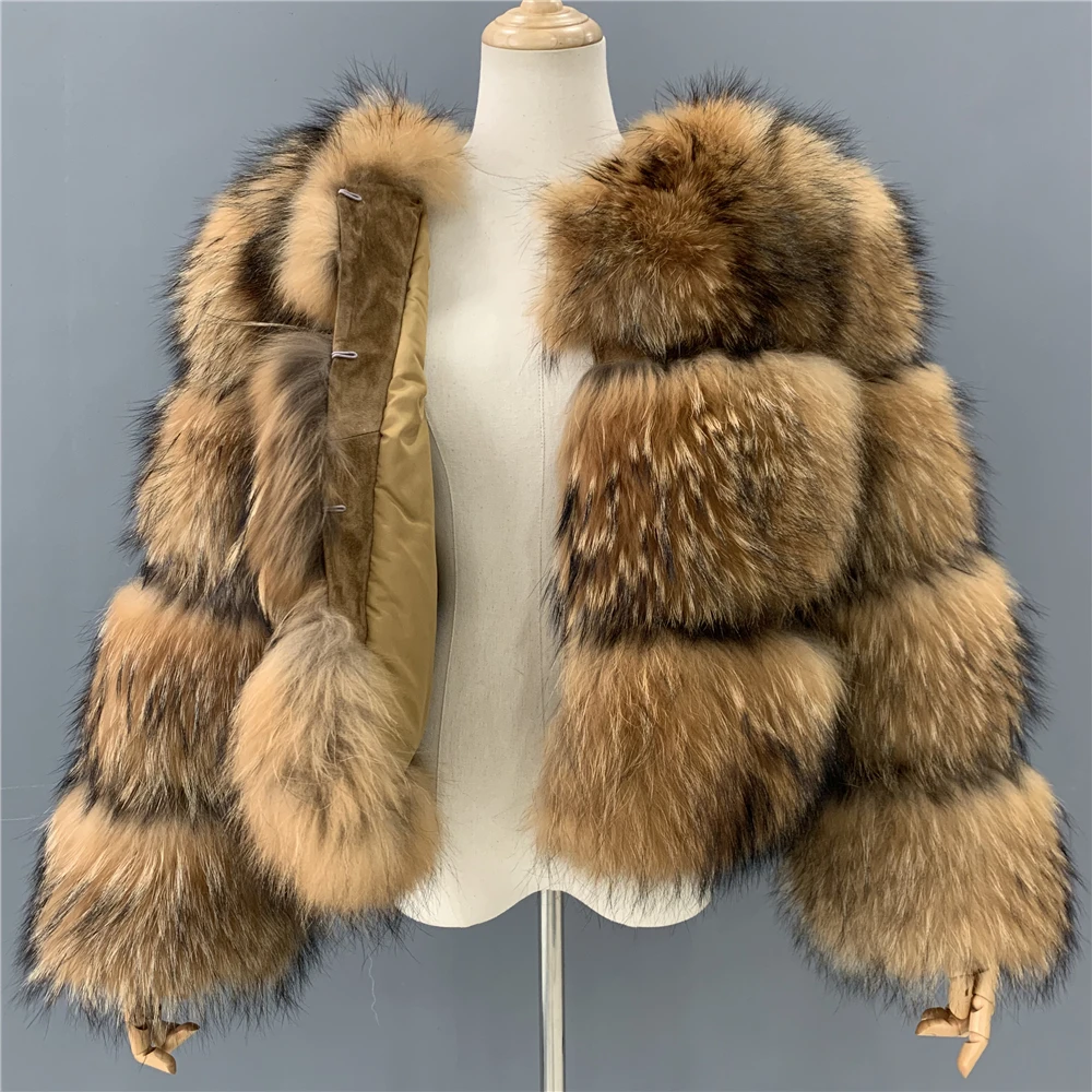High Quality Soft Thick Warm Big Block Real Raccoon Fur Overcoat Fluffy ...