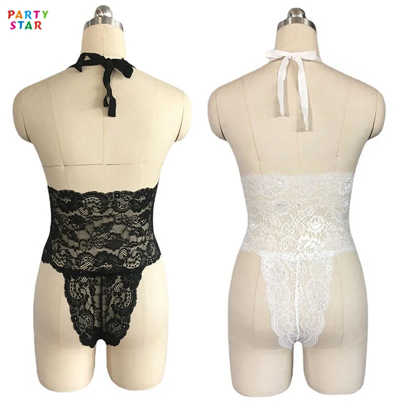 Hot Sell Black White Lace Three-point One Piece Tie Halter Neck Sexy Lingerie Women Jumpsuit