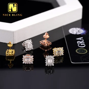 Screw Back Hip Hop Moissanite Diamond Studs Fashion Silver Jewelry 10*8mm Earrings Baguette cut Lab Diamond Men Women Ear Studs