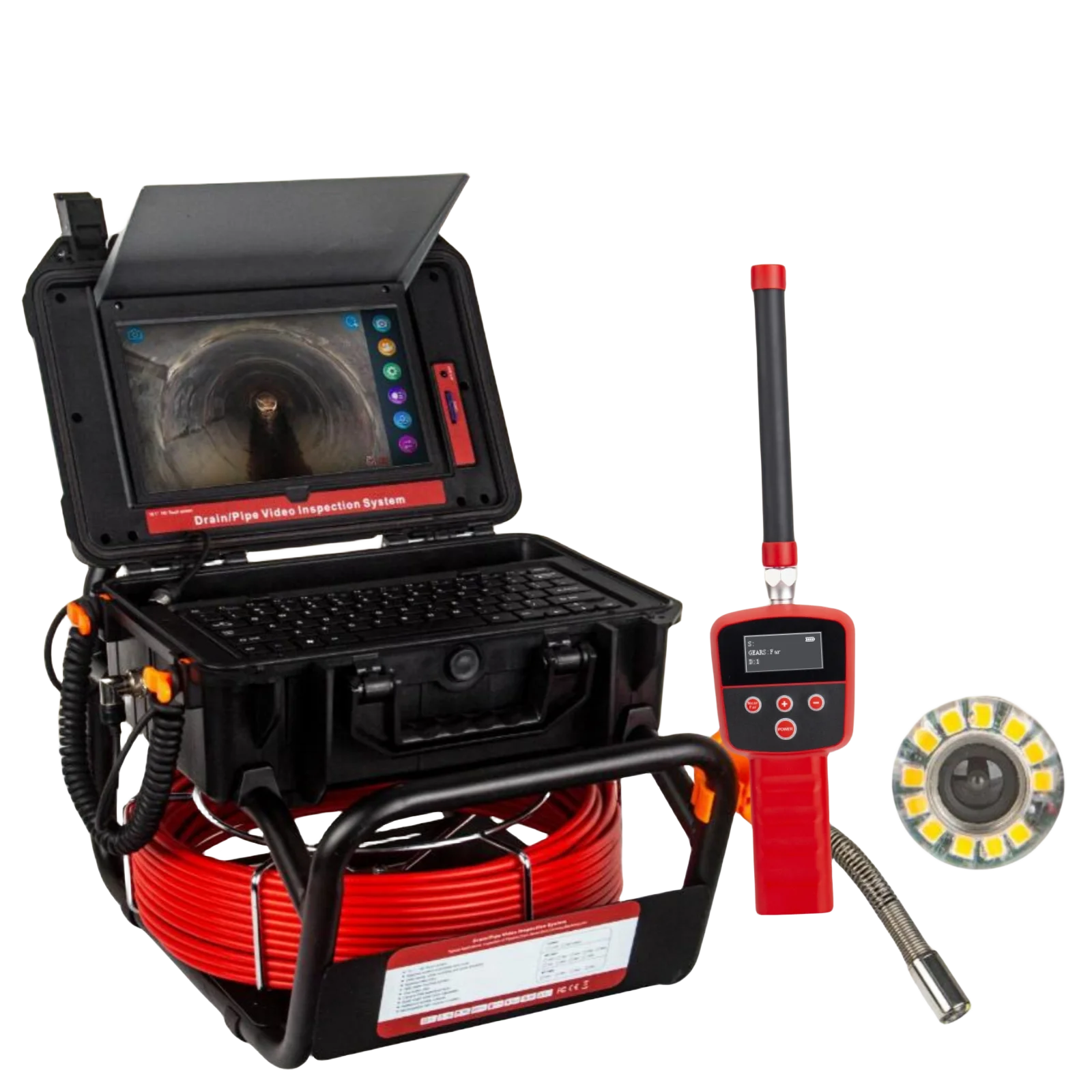 Sewer Inspection Camera 512HZ Sonde/Transmitter+Locator/Receiver, Drain Camera with 10.1 Inch 1080P Touch Screen Meter Counter 16GB Audio+Video for Pipes Inspections