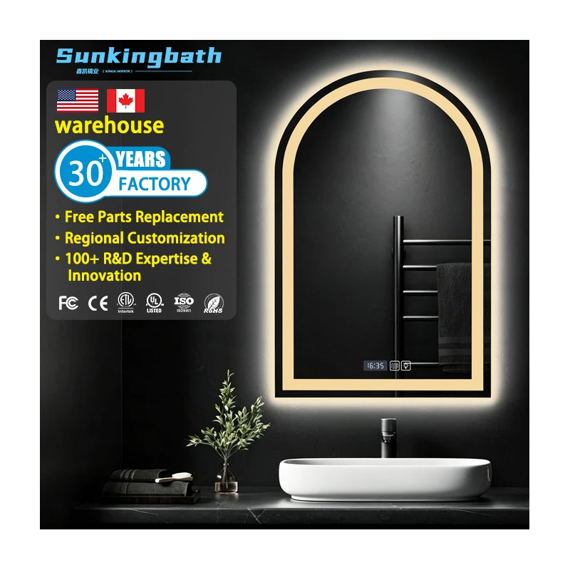 Modern Arch Led Anti-fog Mirror Touch Screen Frameless Touch Mirror Arched Smart Bathroom Mirror with Led Light
