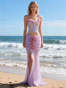 Bettergirl 2026 New purple Long Dress 3D Flower Pleated Mesh Formal Runway Show Sexy Evening Dress