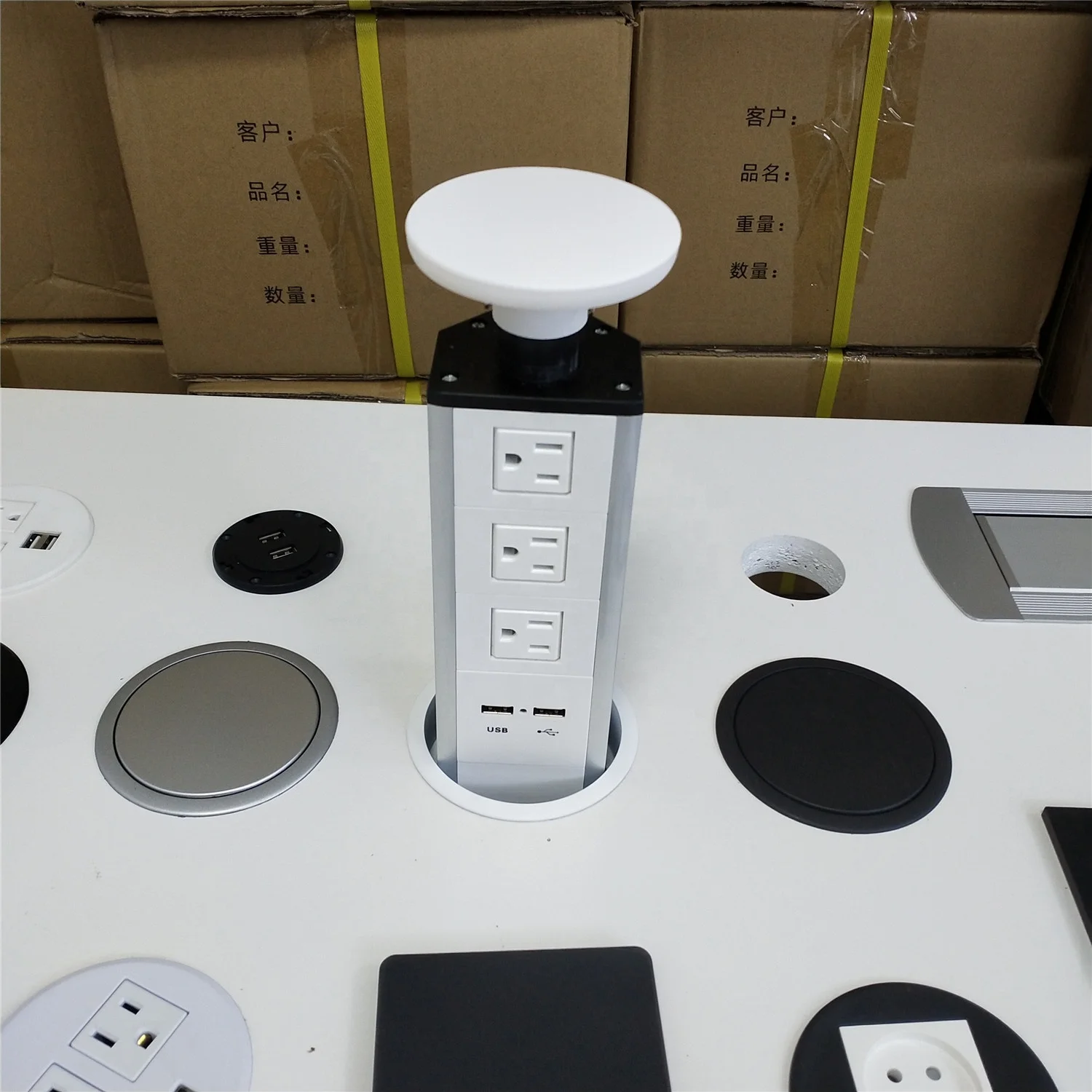 Hidden Automatic Tabletop Pop up Kitchen Manual Pull up Worktop USB Tower Socket with 3AC US Power Outlet 2usb Charging