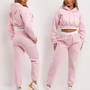 Custom Logo 100% Cotton Heavyweight Hooded Tracksuits 2 Piece Crop Top and Joggers Sweatpants Women Patchwork Pink Hoodie Sets