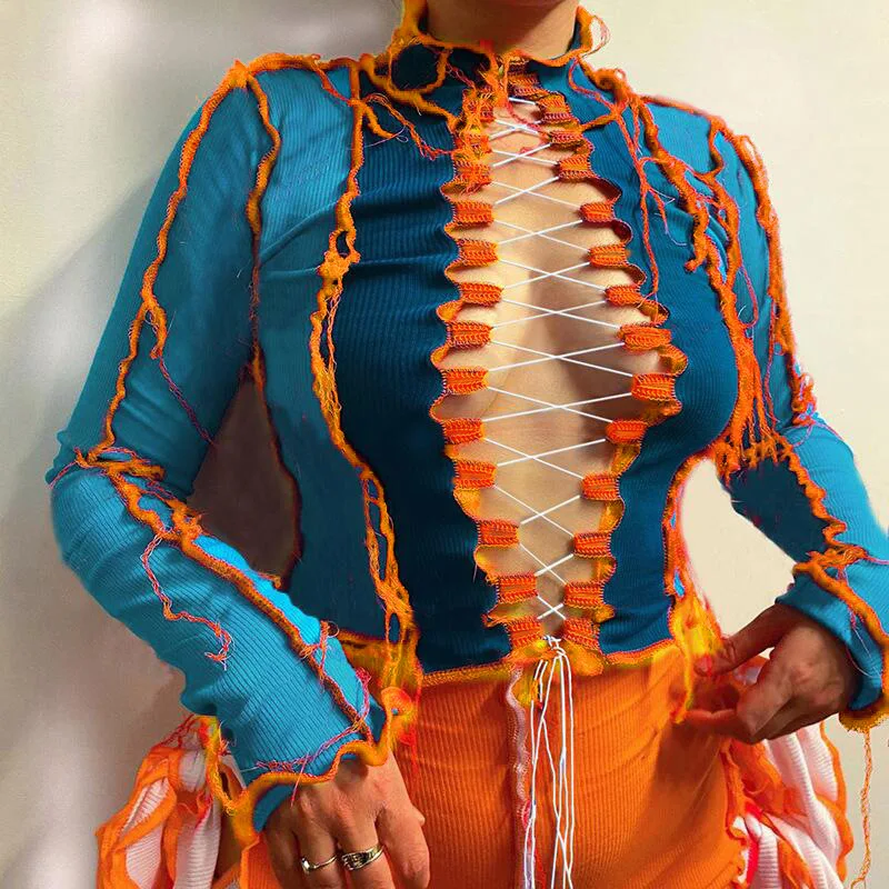 Top Bustier Court Et Personnalisé À Manches Longues Pour Femme,T-shirt Avec  Bretelles Sur La Poitrine,Décontracté,Couture Contrastée,Couleur Brillante  - Buy Bustier Crop Top,T-shirt À Manches Longues Avec Bretelles Sur La  Poitrine,Haut Décontracté Femme