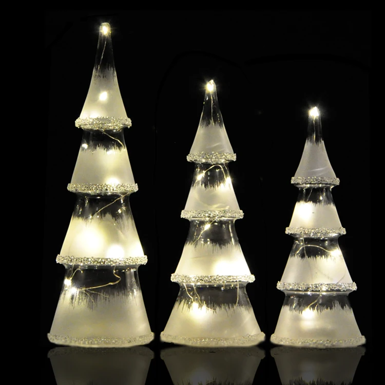 Set ng 3 Pasko Table Centerpiece Christmas Tree Gawa sa Glass Holiday Gift With White Glitter Tips