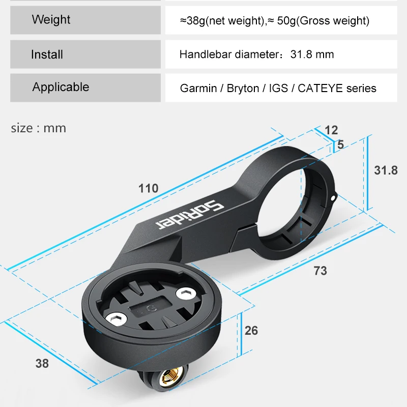 Support Guidon Ordinateur Vélo Fibre De Carbone – Compatible Garmin & Bryton, Réglable 10-50 Mm, Multifonction Lumière & GoPro, Extension 16,3 Cm
