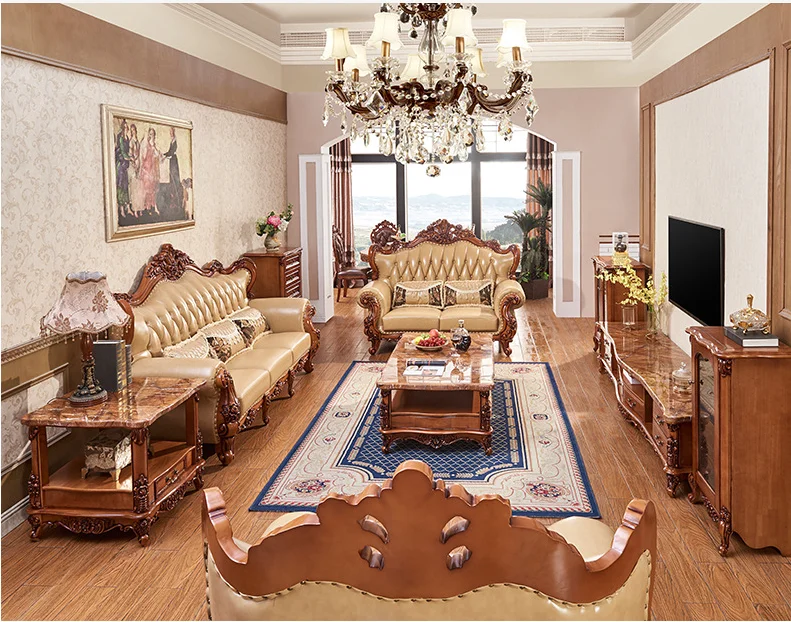 Высококачественный европейский античный диван для гостиной из натуральной кожи набор мебели