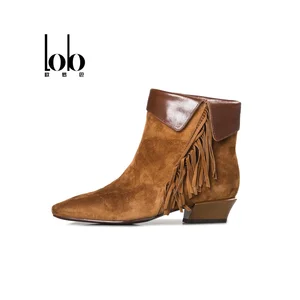 Suede Ankle Riding Boots Pointed Toe Fringe Comfortable Cowboy Style Lightweight Slip Resistant Solid Pattern Slip-On Closure