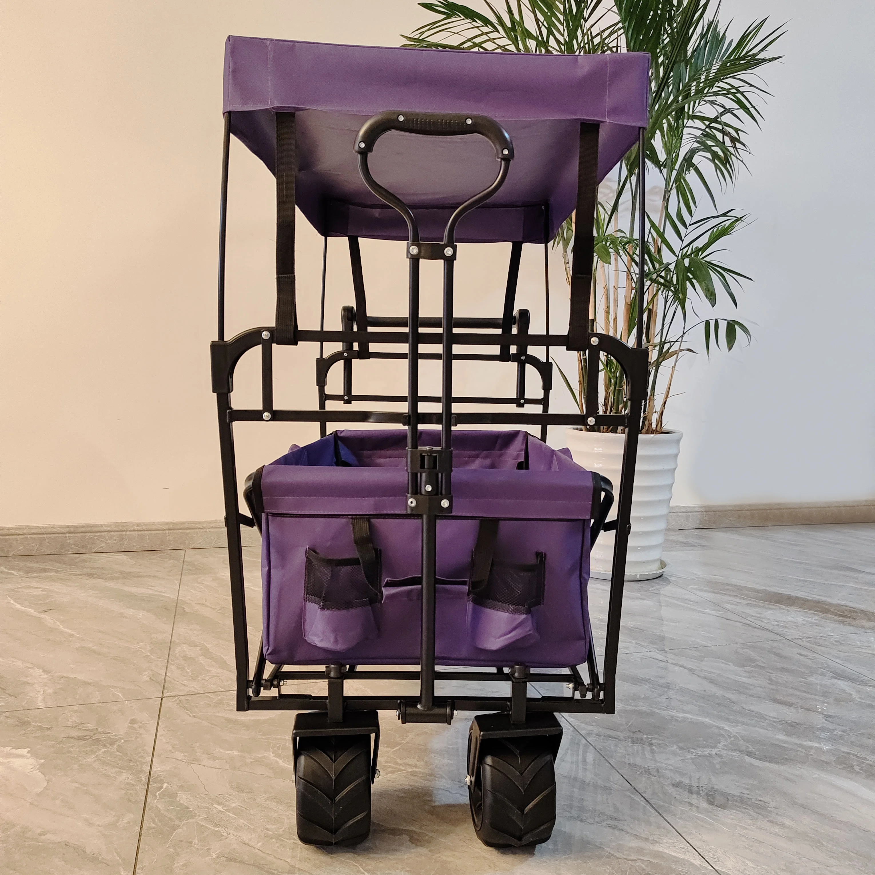 Outdoor Camping Folding Wagon Canopy On Top Adjustable Handle Wide Wheel Purple