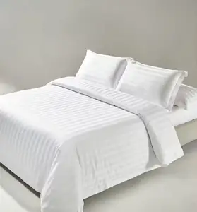 Premium White 100% Cotton Hotel Bedding 4PC Set with 1cm Satin Stripe 300tc Thread Count Eco-Friendly Organic Modern Style