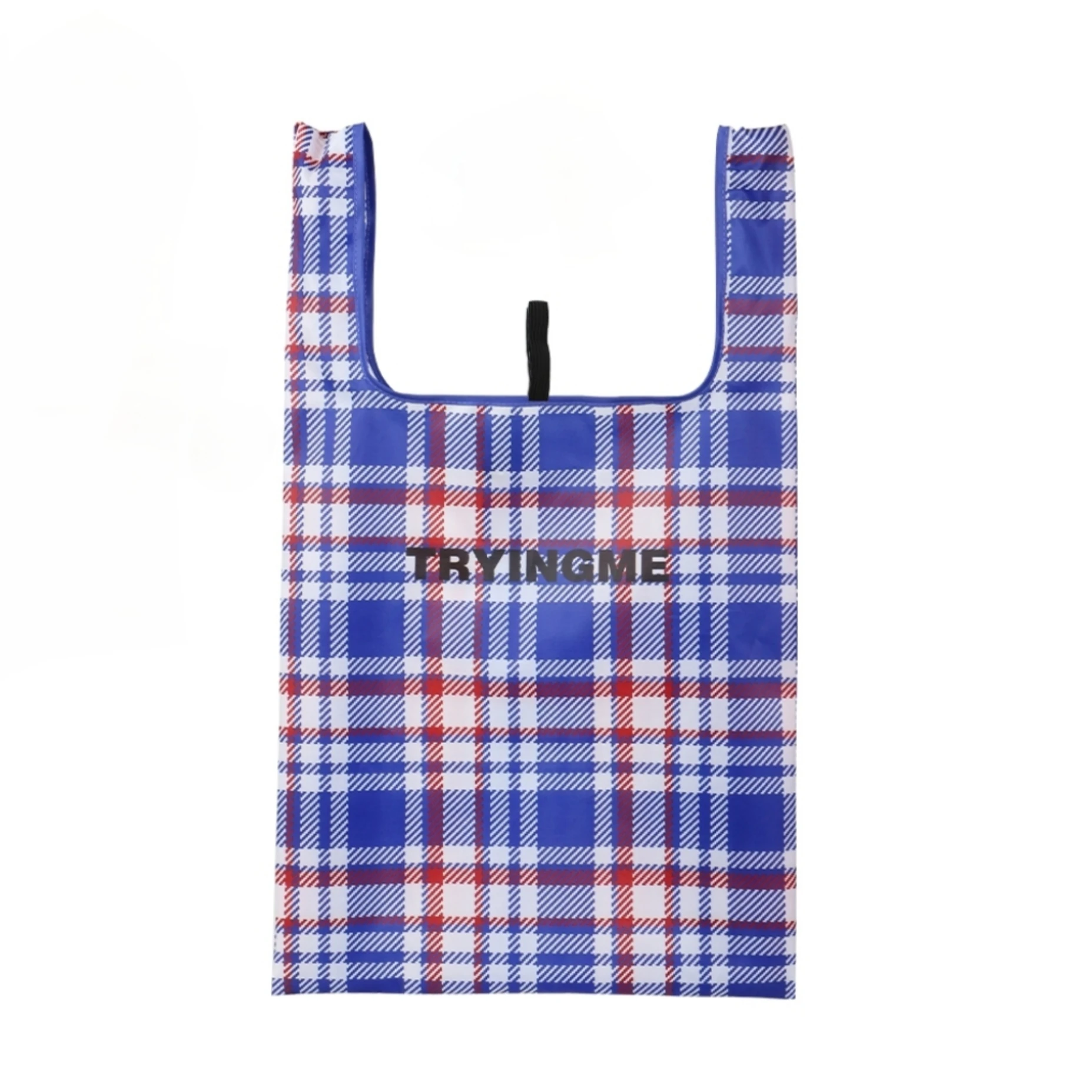 Custom Printed 190T Polyester Folding Tote Bag Fashionable Plaid Washable Reusable Shopping Foldable Bag