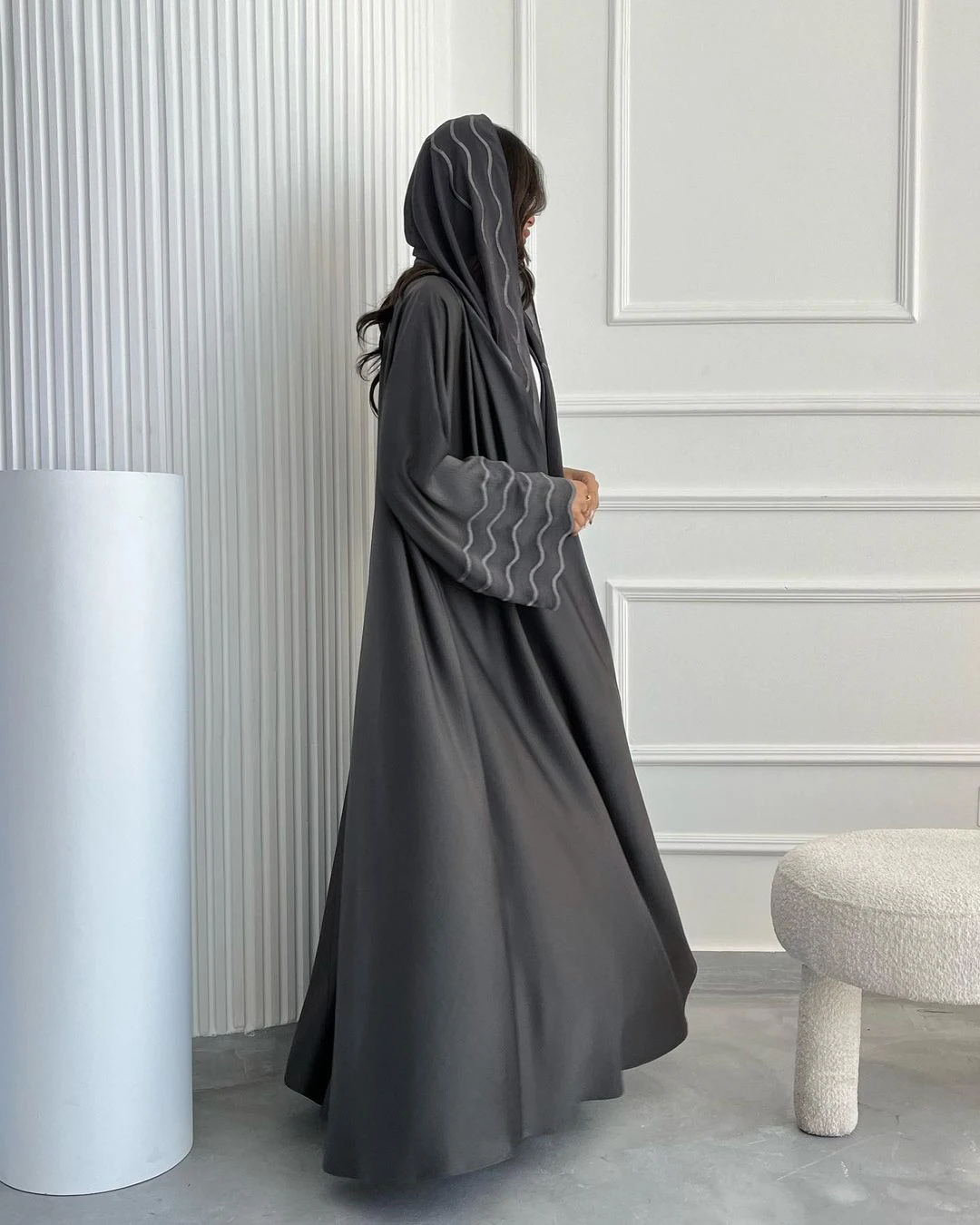 Women's Eid Muslim Wave Embroidery Hijab Abaya Long Dubai Kaftan Robe with Polyester Scarf Cardigan Party Dresses for Jalabiya