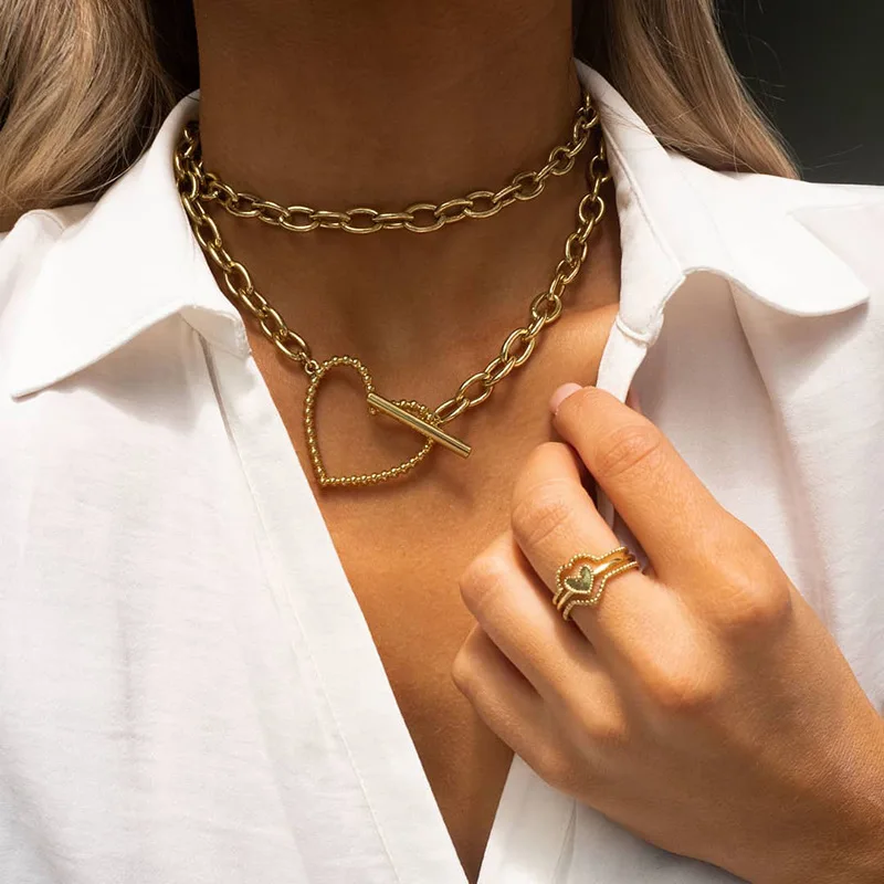 Heart Necklace Double Layer Thick Chain 