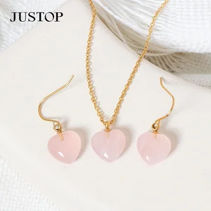 Dainty Heart Earrings Necklace Set Heart Gemstone Jewelry Set Gold Natural Gemstone Healing Crystals Jewelry Set Gift for Girls