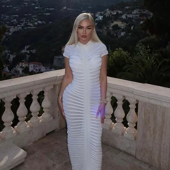 2025 Spring Summer New Arrival Women's Fashion Casual Knitting Dress Elegant Short-Sleeved Long Skirt Pure Color Sexy Slimming