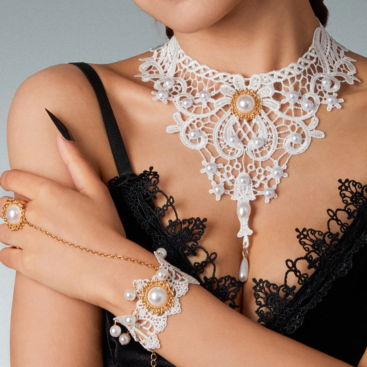 Vintage Gothic Lace Lace Pearl Necklace Dark Tie Ruby Crystal Pendant  Collar Fashion Jewelry for Women - Main Image