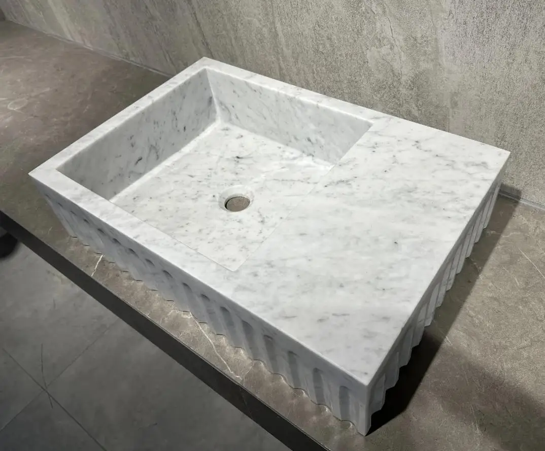 product natural carrara white marble washbasin with groove design for indoor bathrooms and toilets marble groove design-2