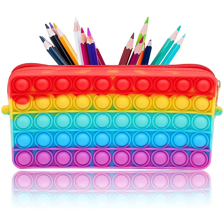 Portable Large Capacity Simple Relief Sensory Fidget Rainbow Pop Bubble School Decompression Toy Silicone Pencil case for Kids