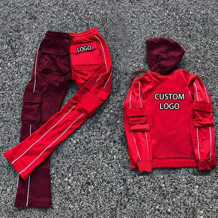 Custom Sweat Suits Unisex Two Tone 100% Cotton Sweatpants and Hoodie Set Oversized Cargo Embroidery Stacked Cargo Tracksuit Set gallery 3