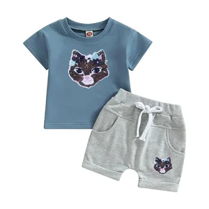Kids Summer Sequins Patches Customized T'Shirt Tops Infant Rolled Stretch Shorts Boy's Closing Set