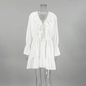 New Dress 2026 Spring New Hot Sale Womens Fashion White Chiffon Sexy Slim Fit V-neck Ruffle Long Sleeve Dress