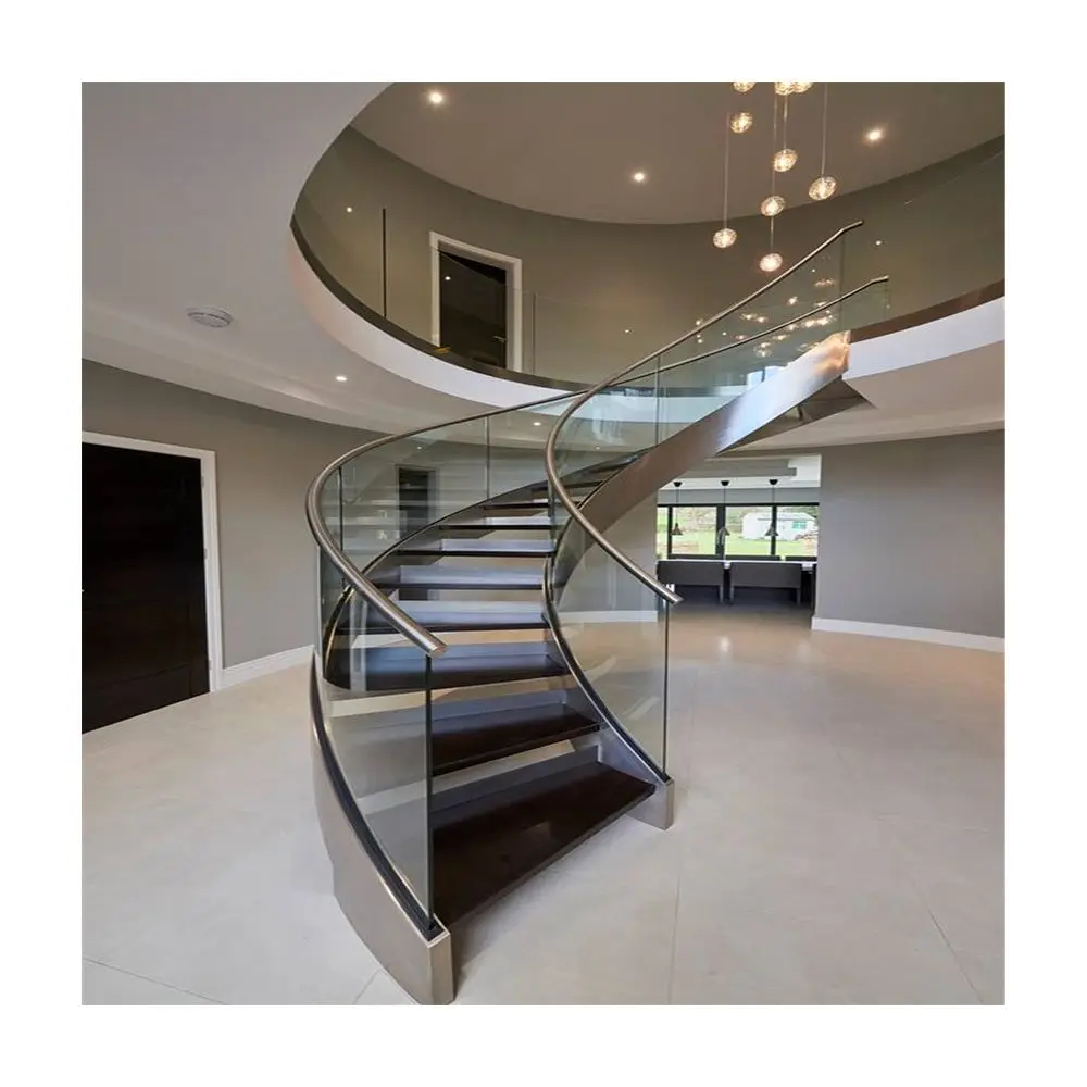Powder Coating White Stringer Wrought Iron Railing Wood Tread Riser Simple Design Curved Staircase
