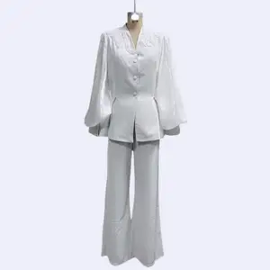 Spring New Women's Fashion High-Waisted Pants Suit Long Sleeve Diamond Suit with Spliced Mesh Formal Style