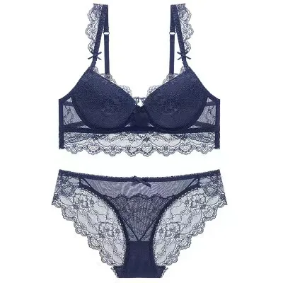 Set of satin lace with lining (bra + panties) navy blue - Shop brababa-lace  Women's Underwear - Pinkoi