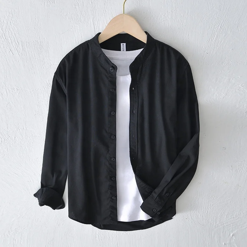 Camicie da uomo in cotone e lino con colletto rialzato primaverile ed estivo, tutte abbinabili, fresche e casual, in tinta unita alla moda252_voghion.com