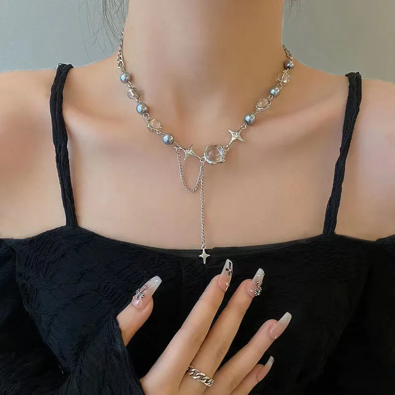 ZooYing Exquisite Moonlight Stone Set with Diamond Four Star Pendant Necklace Fashion Baroque Choker Jewelry for Women