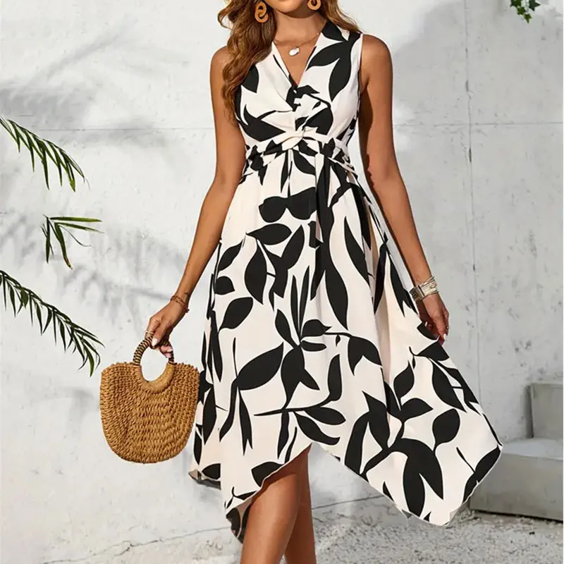New Designer Casual Floral Print V Neck Lady Dresses Elegant Female Woven  Sleeveless Irregular Dress