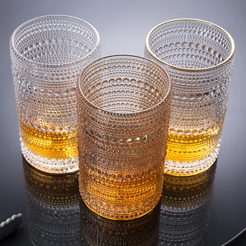 Wholesale 13oz Vintage Embossed Dots Pattern Ink Blue Drinking Glass Amber Highball